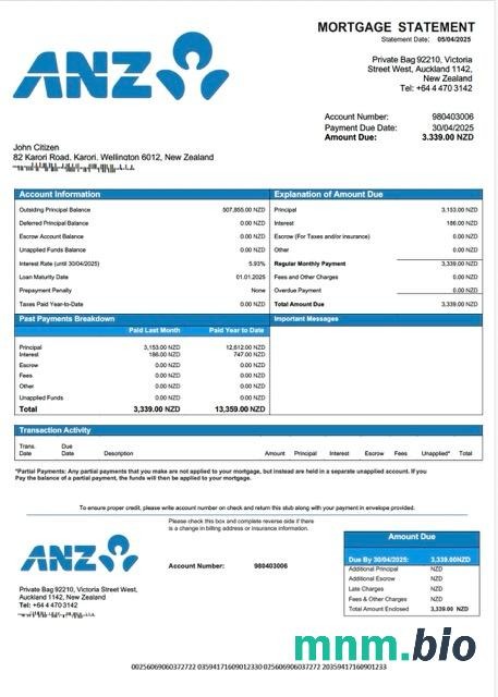 Nowa Zelandia ANZ Bank wyciąg z kredytu hipotecznego szablon Word i PDF